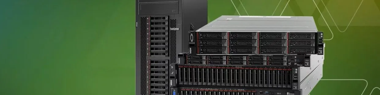 Black server tower and stacked rack-mounted storage units on a green background with geometric patterns.
