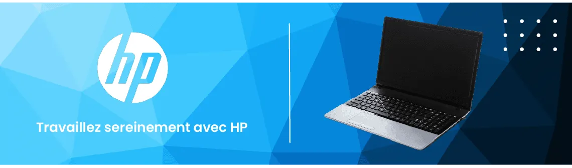 HP logo and a silver laptop on a blue geometric background with French text.
