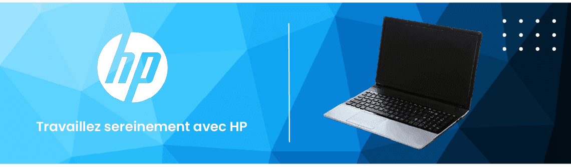 HP logo and a silver laptop on a blue geometric background with French text.